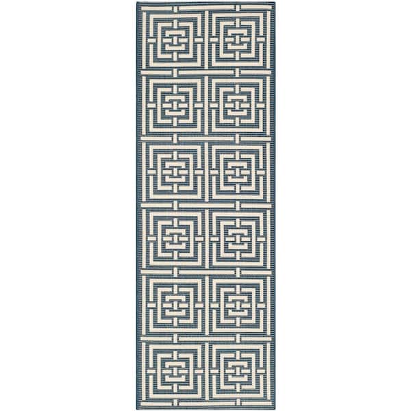 SAFAVIEH Courtyard Navy/Beige 2 ft. x 10 ft. Geometric Indoor/Outdoor Patio  Runner Rug