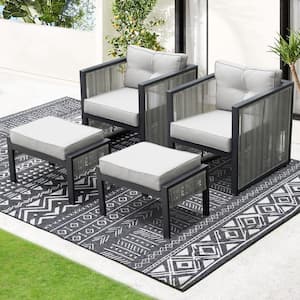 Gray PE Wicker Armchair Outdoor Lounge Chair with Gray Cushions and Ottomans(2-Pieces)