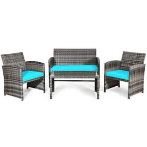 4-Piece Wicker Patio Conversation Set with 3 Turquoise Cushions