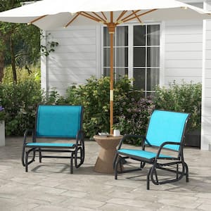 Blue Metal Outdoor Bench, Porch Glider Set of 2, Swing Glider Chairs with Breathable Mesh Fabric and Curved Armrests