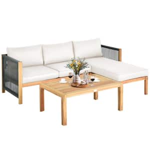 3-Piece Acacia Wood Patio Conversation Set Sofa Furniture Set with White Cushions and Nylon Rope Armrest
