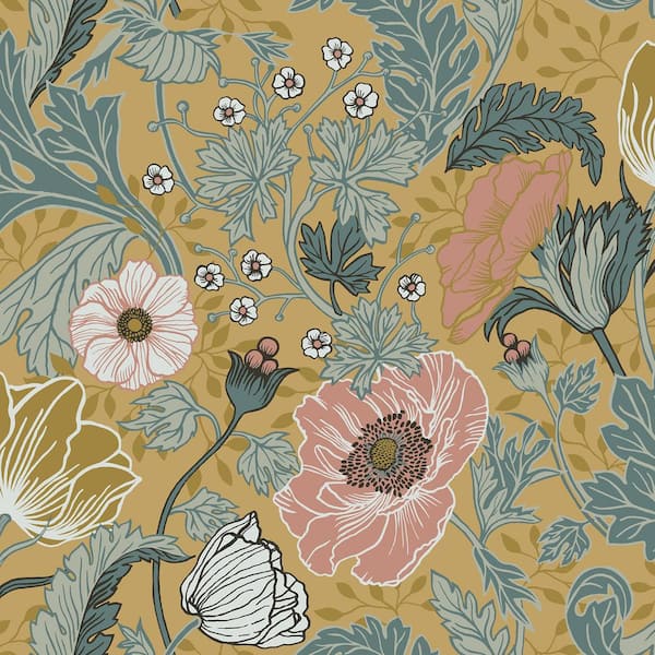 A-Street Prints Anemone Mustard Multi-Colored Floral Wallpaper Sample