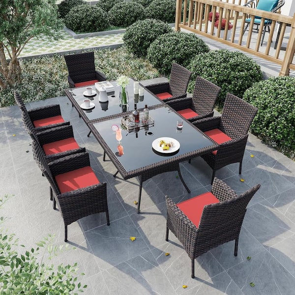 10-Piece Brown Wicker Outdoor/Indoor Dining Set with Red Cushion, Tempered Glass Tabletop, Umbrella Hole