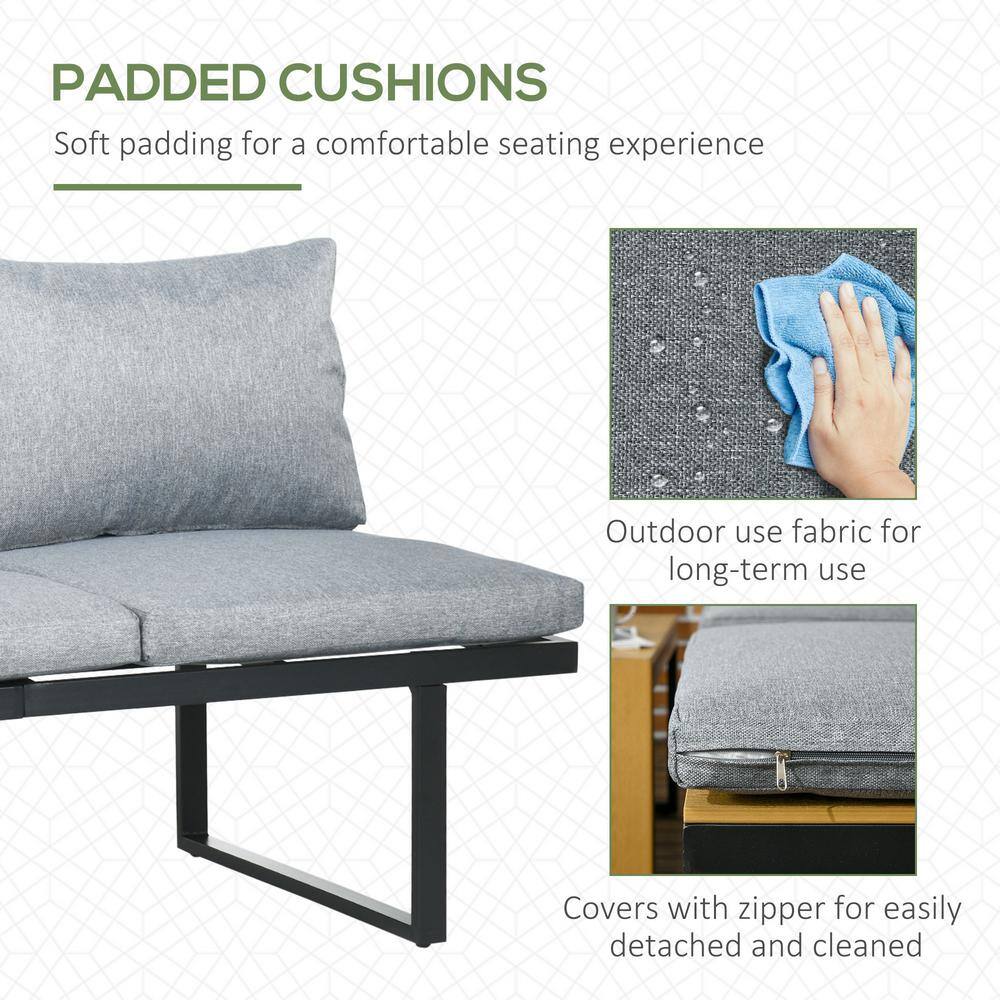 Gray Cushioned Aluminum Outdoor Sectional Set with Woodgrain Table