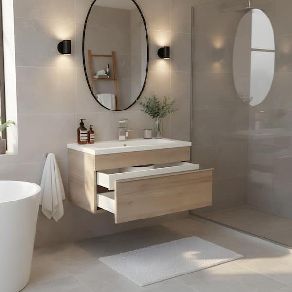 Trough 30 in. W x 16 in. D x 15 in. H Single Sink Wall Bathroom Vanity in Organic with Cultured Marble Top in White