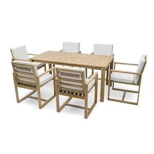 Patio Dining Set Light Teak of 7-Piece Wood rectangle 26.75 in. Outdoor Dining Set with Light Beige Grey Cushions