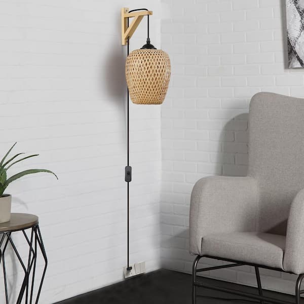 Zompoo Kitchen Island 6.7 in. 1 Light Wood Base Plug in Wall Sconces with Bamboo Shade, Rustic Adjustable Height Wall Lamp
