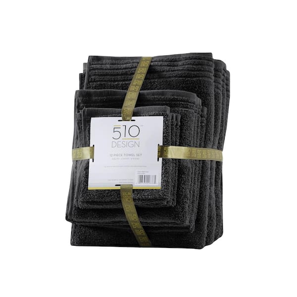 510 Design Big Bundle 12-Piece Black 100% Cotton Bath Towel Set