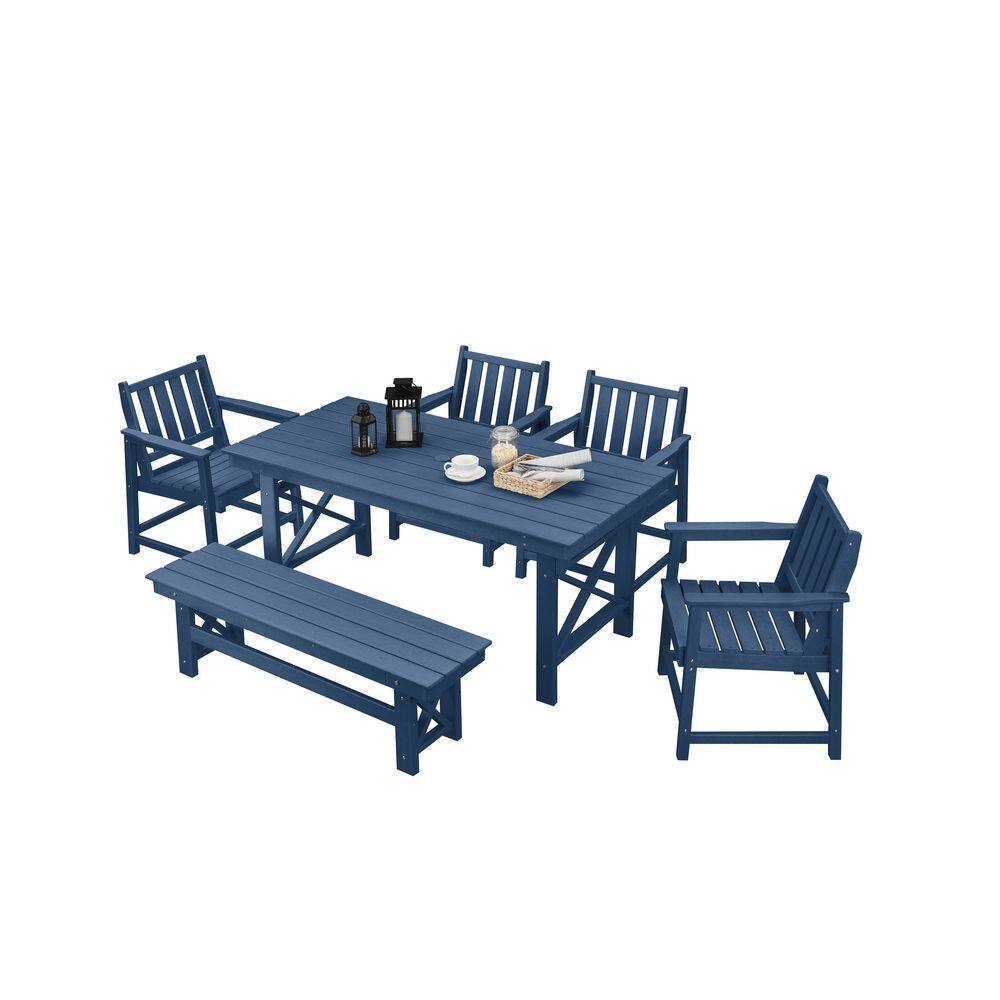 HDPE 6-Piece Plastic Standard Height Outdoor Dining Set With Rectangle Table and Bench in Blue price history on PriceWatchPro