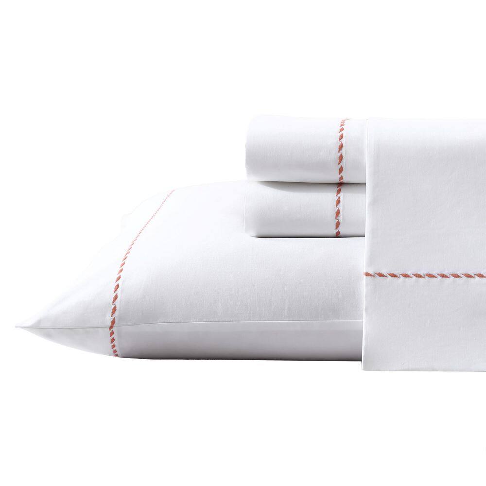 Queen White Cotton Percale Sheet Set with Orange Embroidery