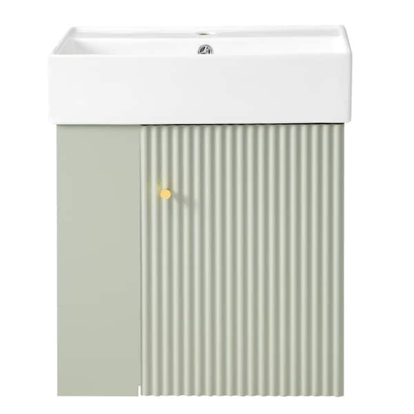 Cesicia 21.6 in. W x 12.2 in. D x 26.4 in. H Floating Bath Vanity in Green with White Ceramic Top and Left Side Storage