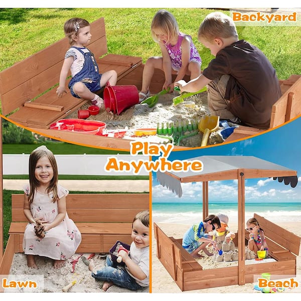 Kids Sandbox With Cover, Height Adjustable Roof, Foldable Bench