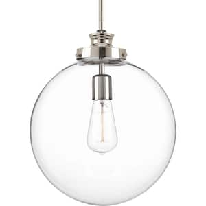 Penn Collection 12 in. 1-Light Polished Nickel Large Modern Farmhouse Kitchen Pendant with Clear Glass