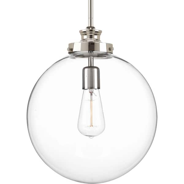 Progress Lighting Penn Collection 12 in. 1-Light Polished Nickel Large Modern Farmhouse Kitchen Pendant with Clear Glass
