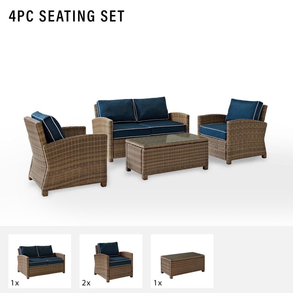 Navy and Brown 4-Piece Wicker Patio Loveseat Set