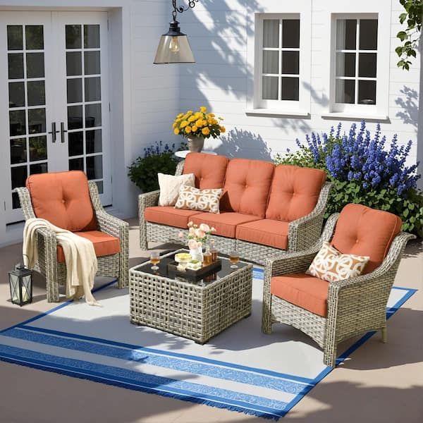 Caodoc Harpera 4-Piece Wicker Outdoor Patio Conversation Sofa Seating Set with Coffee Table and Bold-stripe Orange Red Cushions