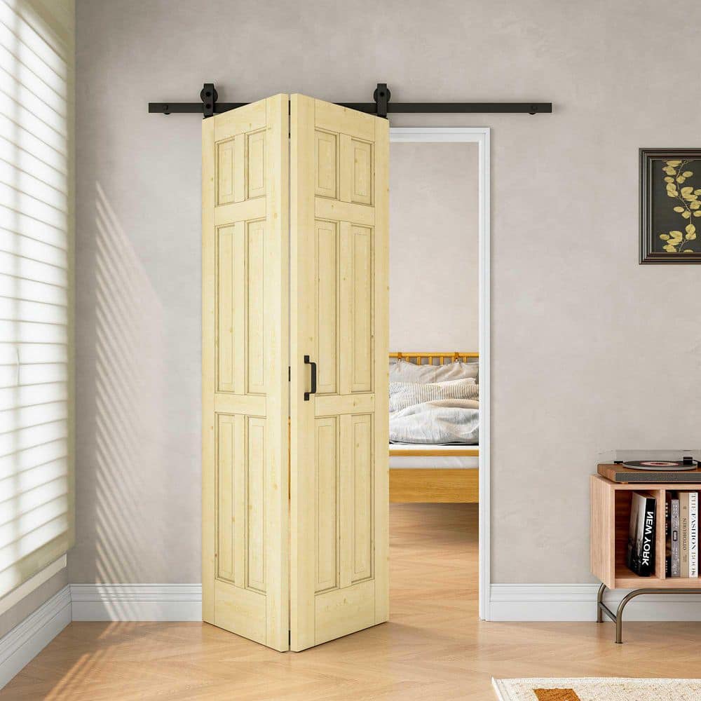 48 in. x 80 in. 6-Lite Panel Unfinished Solid Core Pine Wood Bifold Sliding Barn Door with Hardware Kit price history on PriceWatchPro