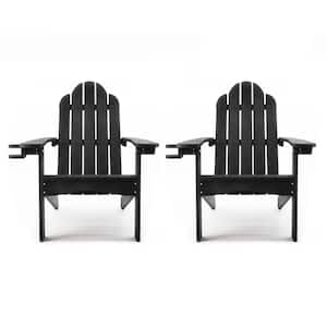 Classic Black Plastic All-Weather Weather Resistant with Cup Holder Outdoor Patio Adirondack Chair (Set of 2)