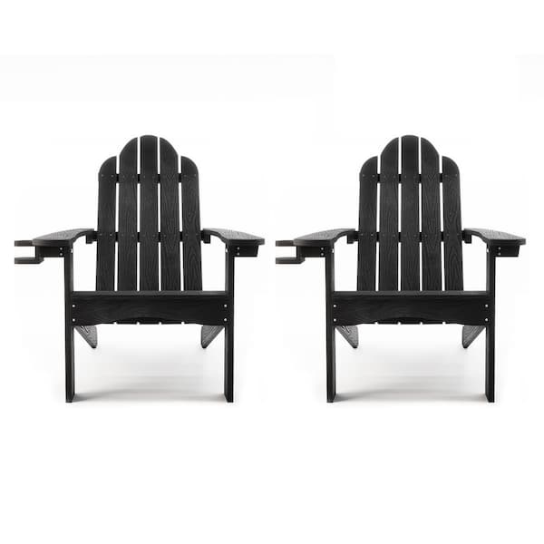 LUE BONA Classic Black Plastic All-Weather Weather Resistant with Cup Holder Outdoor Patio Adirondack Chair (Set of 2)