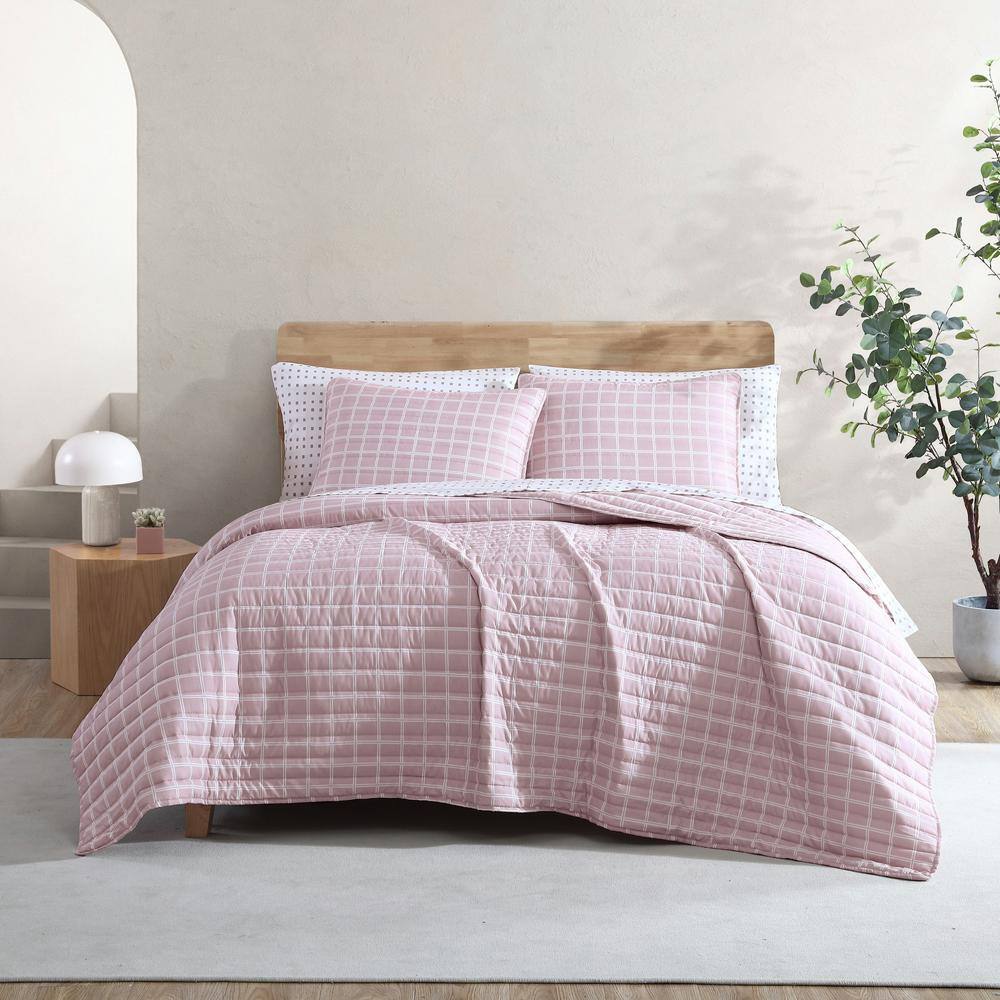 City Scene Woven Grid 2Piece Pink Microfiber Twin Quilt Set