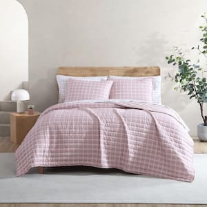 Woven Grid 3-Piece Pink Microfiber Full/Queen Quilt Set