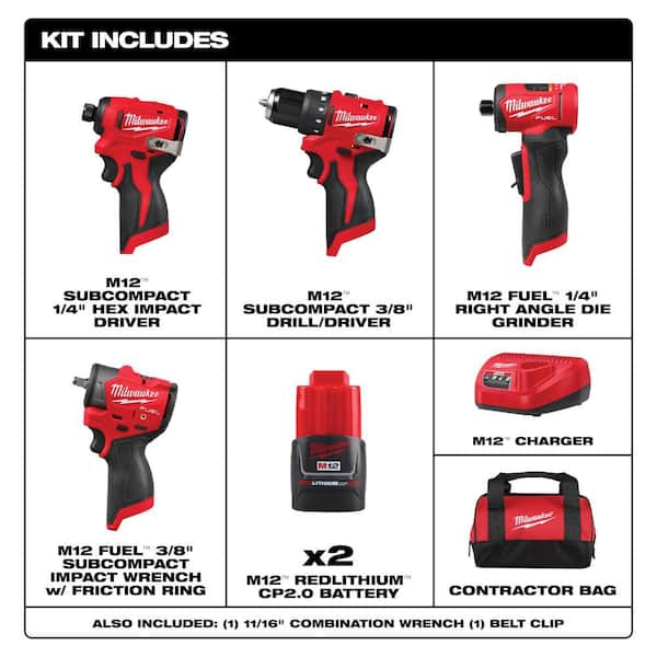 M12 12-Volt Lithium-Ion Brushless Cordless Subcompact Drill and Impact Driver Combo Kit with Die Grinder (4-Tool)