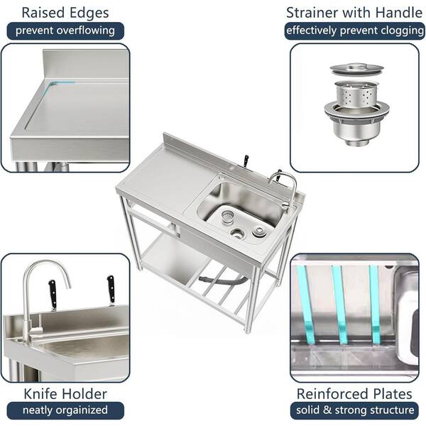Adrinfly 20 in. D x 39 in. W Freestanding Utility Sink in Stainless Steel with Cold/Hot Water Faucet and Drain Kit (Right bowl)