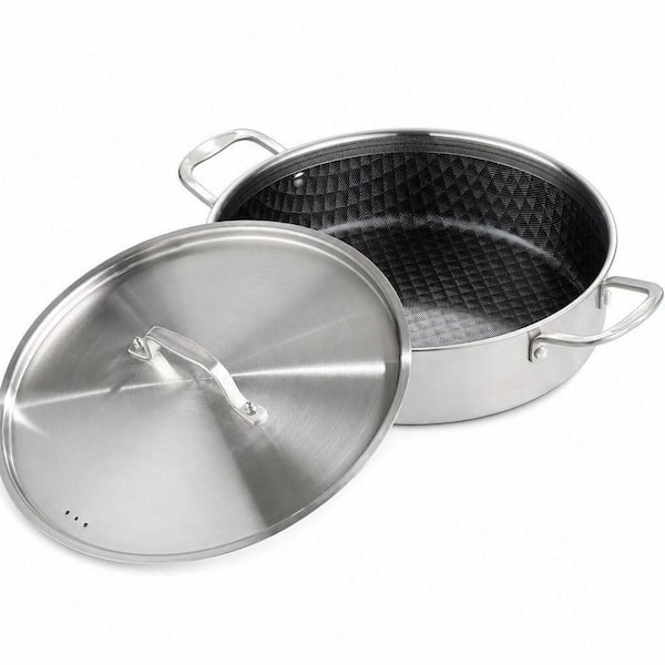 8 qt. Tri-Ply Stainless Steel Non-Stick Braiser Pan with Lid, 13.18 in. Deep Frying Pan, Large Saute Pan, Jumbo Cooker