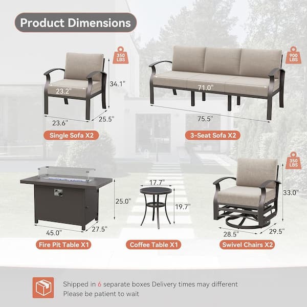 10-Seat Aluminum Patio Fire Pit Set with armrest, Swivel Rocking Chairs, Coffee Table and Sand Cushions