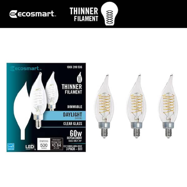 EcoSmart 60-Watt Equivalent BA11 Dimmable E12 Candelabra Fine Bendy Filament LED Vintage Edison Light Bulb Daylight (3-Pack)
