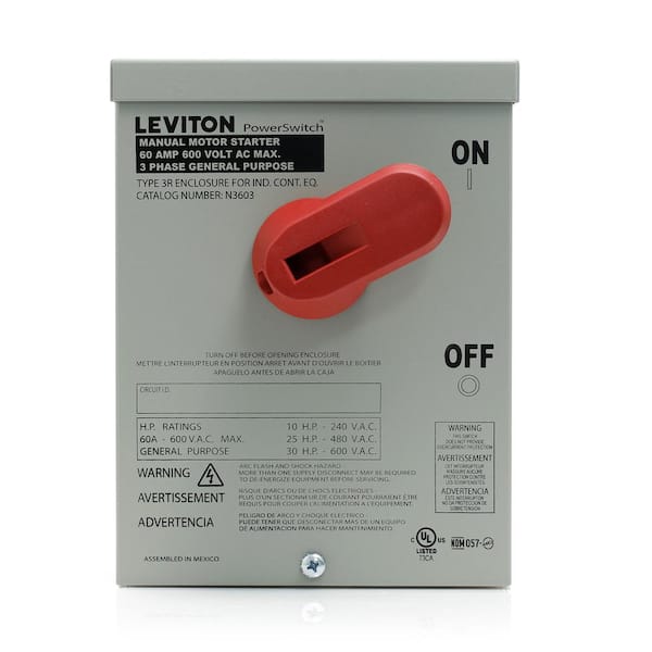 Leviton 60 Amp 600 Volt Industrial Grade 3-Pole Toggle In Type 3R Enclosure AC Manual Motor Controller - Gray