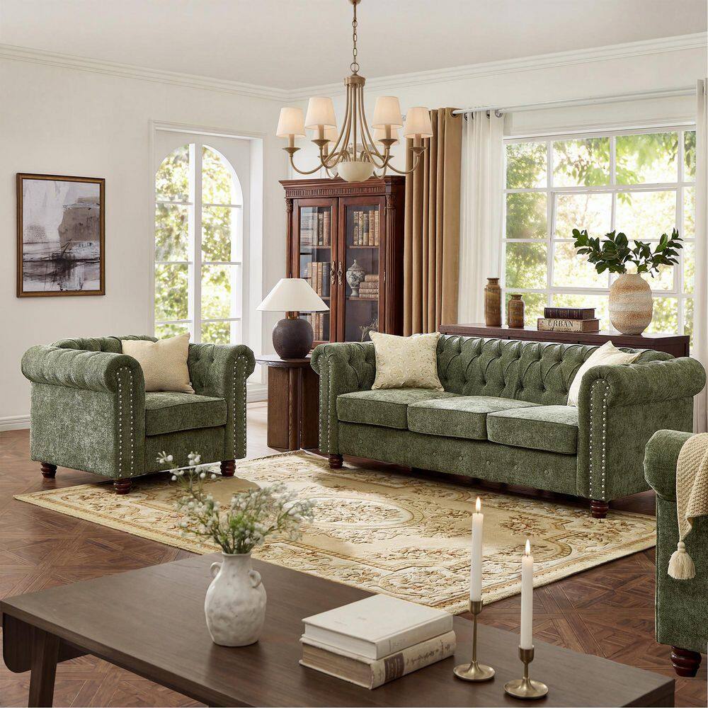 2-Piece Green Chenille Sofa and Armchair Living Room Set Rolled Arm Chesterfield Couches Tufted Button Nailhead
