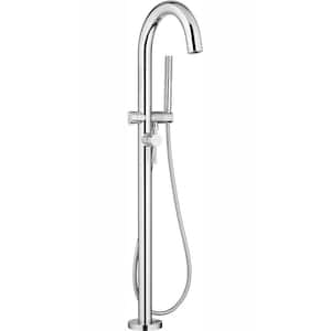 Contemporary Round 1-Handle Freestanding Roman Tub Faucet for Flash Rough-in Valve with Hand Shower in Polished Chrome