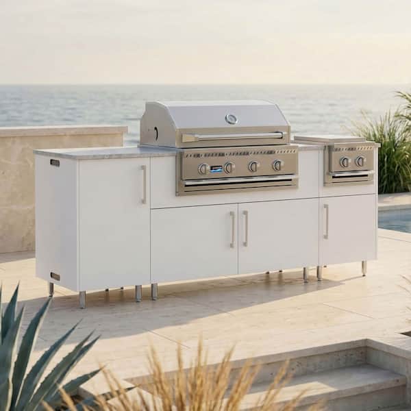 Golden Sky 86.5 in. W 4-Burner Propane Grill Island in Miami Shell White with Side Burner, Cabinet