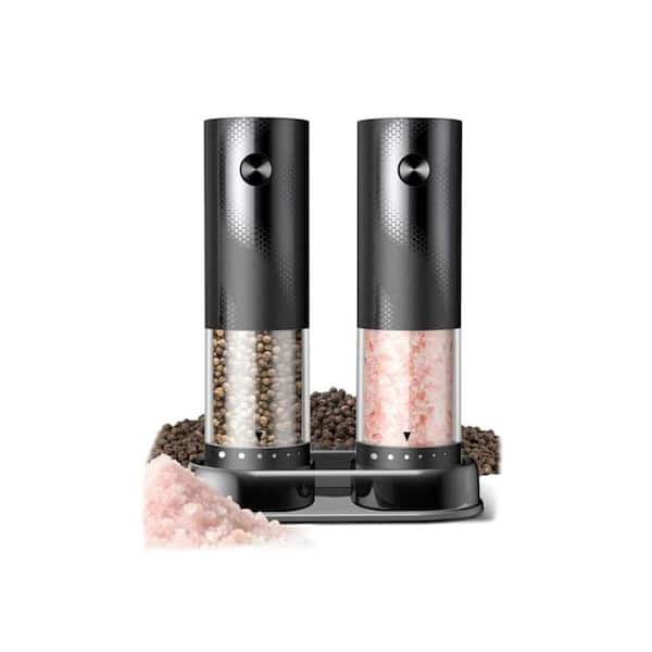 Automatic Salt and Pepper Grinder Set Black Adjustable Coarseness Large Hopper LED Light Ceramic Core 2-Pack