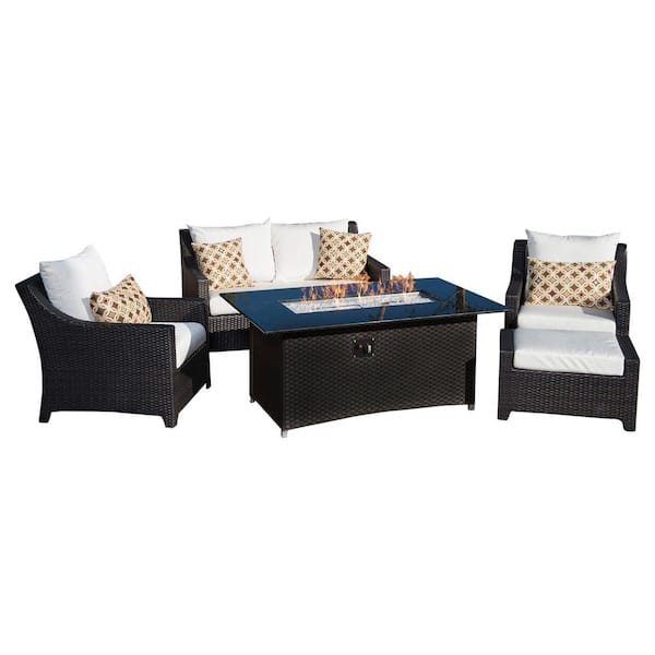 RST BRANDS Deco 5-Piece Wicker Patio Fire Pit Conversation Set with Sunbrella Moroccan Cream Cushions