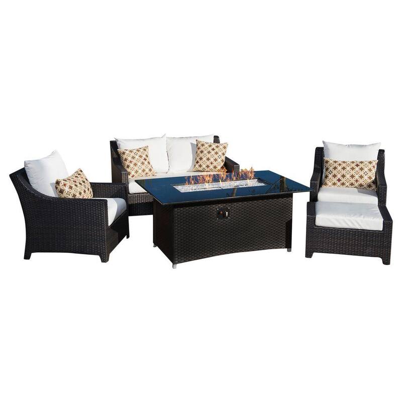 Deco 5-Piece Wicker Patio Fire Pit Conversation Set with Sunbrella Moroccan Cream Cushions