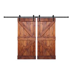 K Series 72 in x 84 in Red Walnut DIY Finished Knotty Pine Wood Double Sliding Barn Door Slab with Hardware Kit
