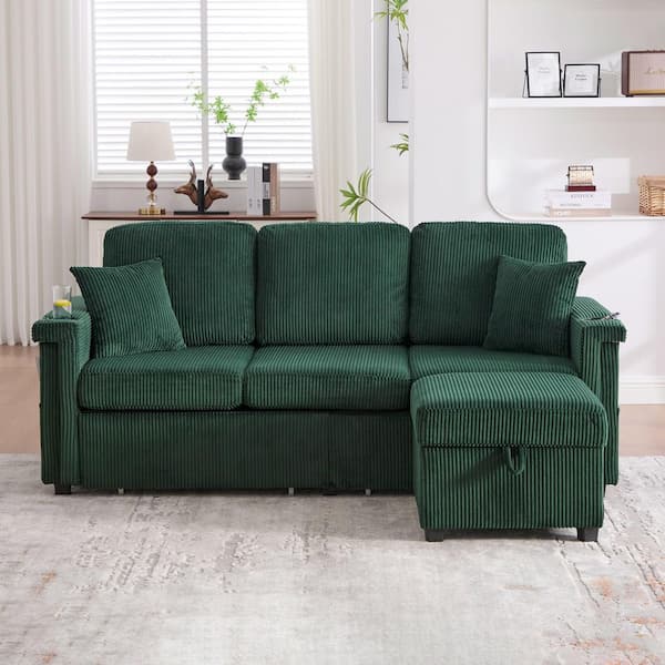 Elena 76.38 in. Corduroy L-Shaped Sectional Sofa in. Emerald with Pull-Out Storage, Ottoman, USB Charging, Cup Holder