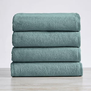 Blue Solid 100% Cotton Textured Bath Towel (Set of 4)