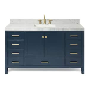 Cambridge 60 in. W x 22 in. D x 36.5 in. H Single Sink Freestanding Bath Vanity in Midnight Blue with Carrara Marble Top