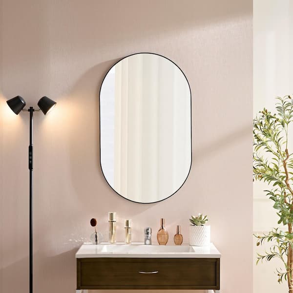 36 in. W x 22 in. H Oval Framed Vertical/Horizontal Wall Bathroom Vanity Mirror in Black