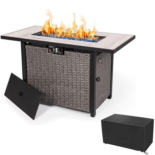 42 in. 50,000 BTU Metal Rectangular Propane Outdoor Fire Pit Table with Cover, Glass Bead and Lid for Backyard, Gray