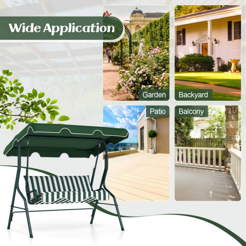 Green and White Striped Metal 3-Person Porch Swing with Adjustable Canopy