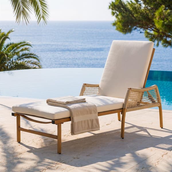 Nuu Garden Brown Aluminum and Rattan Outdoor Chaise Lounge Chair with Beige Zippered Cushion