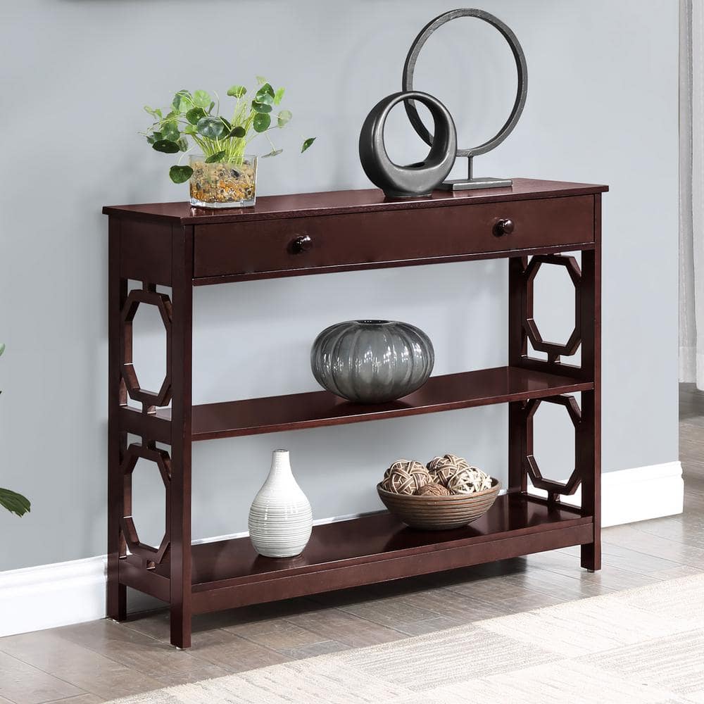 Omega 39.5 in. Espresso Rectangle Wood Top 1 Drawer Console Table with Shelves