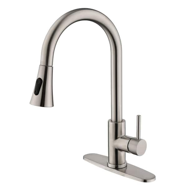 Lukvuzo Single Handle Pull Out Sprayer Kitchen Faucet With Deckplate Included In Brushed Nickel 0281