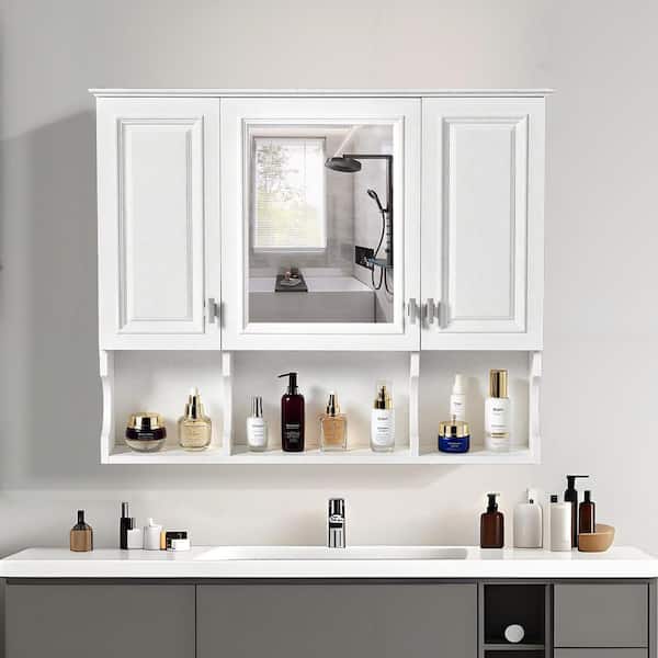 Andrea 35.01 in. W x 28.7 in. H Large Rectangular White Surface Mount Medicine Cabinet with Mirror with Open Shelves