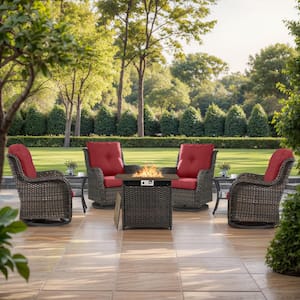 7-Piece Brown Wicker Fire Pit Conversation Set with Olefin Red Cushions and 4 Swivel Glider Chairs and Side Tables