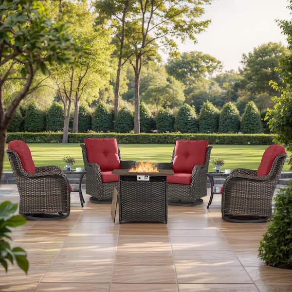 moosprr 7-Piece Brown Wicker Fire Pit Conversation Set with Olefin Red Cushions and 4 Swivel Glider Chairs and Side Tables